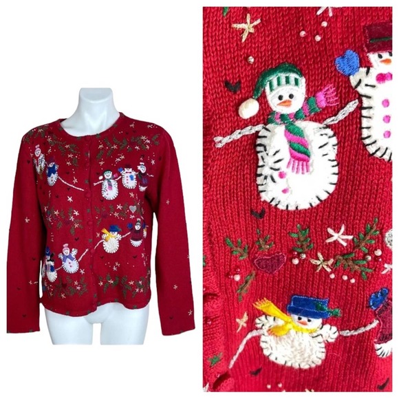 Vintage Sweaters - Vintage Red Christmas Sweater Cardigan with Snowmen Size Medium